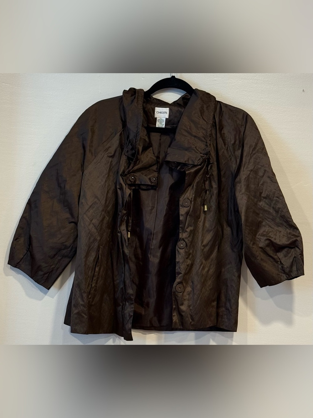 Chico’s Shiny Brown Crinkle Jacket 3/4 Sleeves Vintage Jackie O Coat Women’s 2